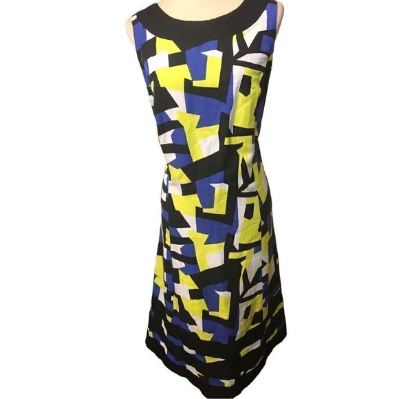 Ashley Stewart linen blend A line midi geometric design blue, yellow and black s - Picture 2 of 13